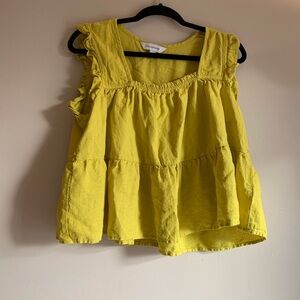 Calligraphie Linen Yellow Sleeveless Ruffle Blouse Women Top Shirt Tank Size M